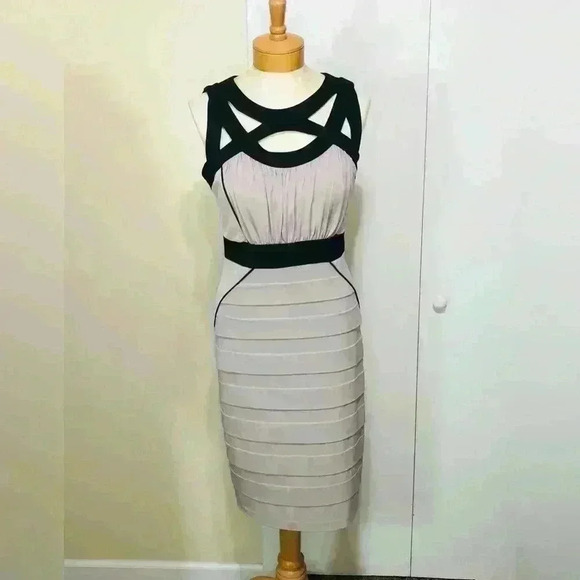 Jax Women’s Elegant Sleeveless Fitted Evening Cocktail Taupe Black Dress Size 8 - Picture 1 of 12